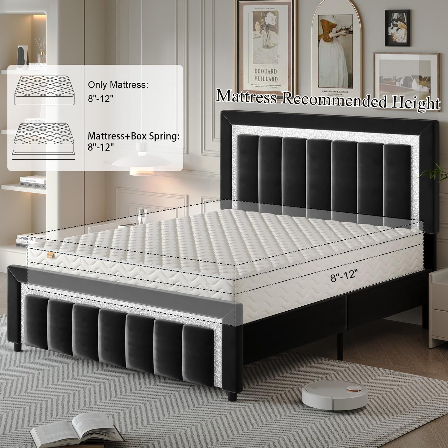 HOMBCK Full Size Bed Frame with Headboard, Velvet Upholstered Bed with Diamond Design, Full Bed with Wooden Slats Support, Mattress Foundation, No Box Spring Needed, Easy Assembly, Black