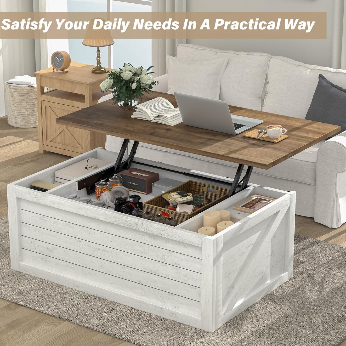 REVOMINCA Farmhouse Coffee Table Lift Top with Storage, 48 Inch White Coffee Table with Sliding Barn Doors, White Center Table with Large Hidden Storage Compartment for Living Room