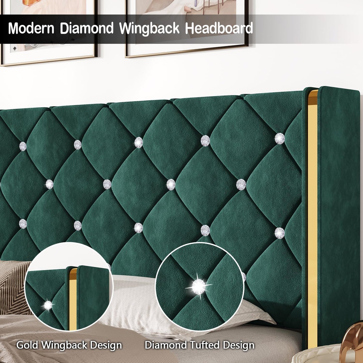 HOMBCK Queen Size Bed Frame with Headboard, Velvet Upholstered Platform Bed Frame Queen with Wingback and Diamond Headboard, Wood Slat Support, No Box Spring Needed, Easy Assembly, Green
