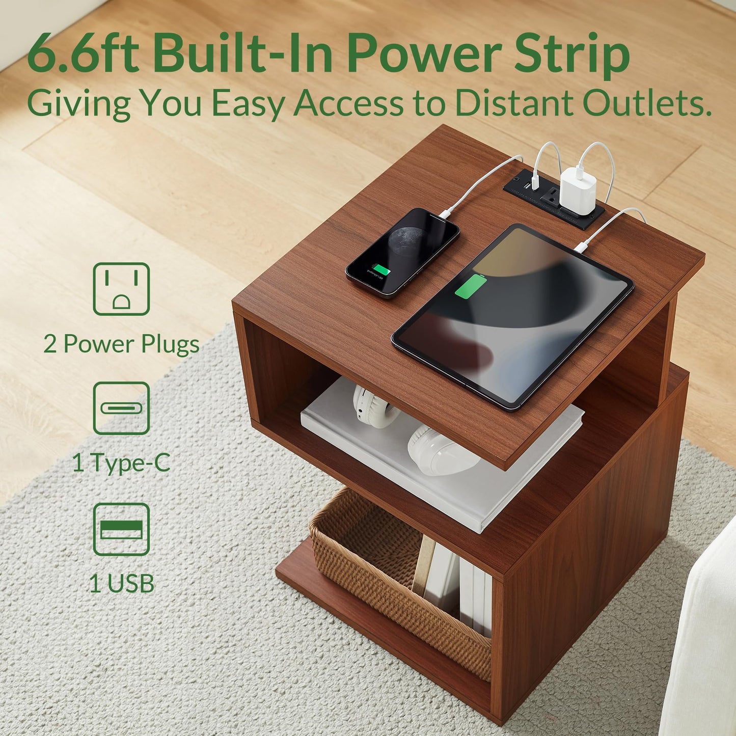 ODIKA Tokyo S Flip Minimalist 3 Tier End Table with Fast Charging Station - USB C Cable Wood Nightstand for Small Spaces with Open Storage Bedside Table for Bedroom (Reverse, Oak w/Charging)