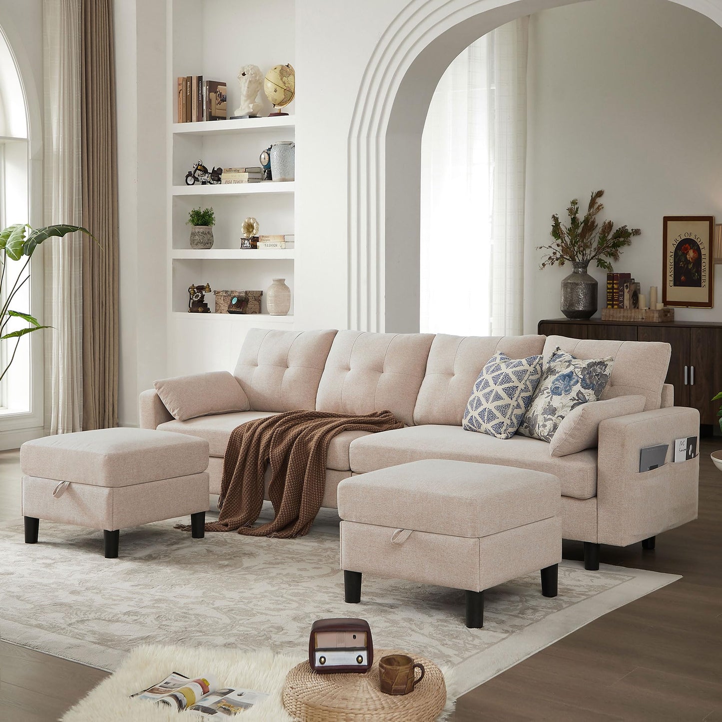 Enobala 101" Sectional Sofa 4 Seat U Shaped Couch with Storage Ottoman for Living Room, Reception Room ect, Combination Sectional Couch with Movable Ottoman Sets, Beige
