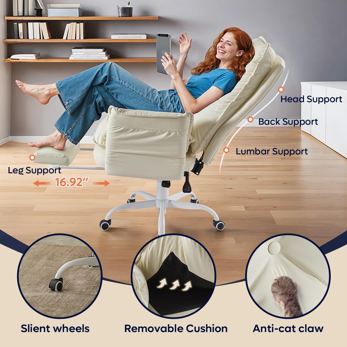 Bestier Criss Cross Chair with Footrest, High Back Cross Legged Office Chair with Flip-up Arms & Wide Seat, 135° Reclining Executive Ergonomic Computer for Working Gaming(Beige, PU Leather)
