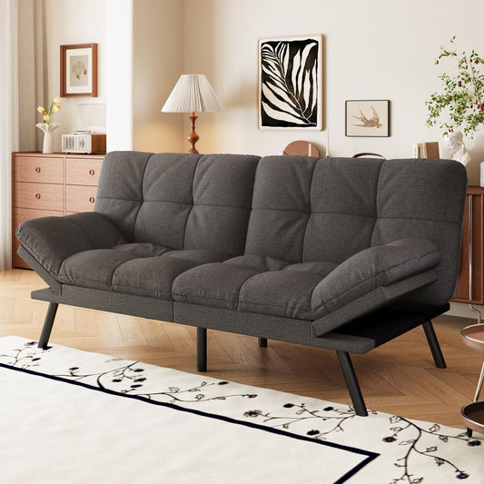 AMICLIBER Convertible Futon Sofa Bed,71" Memory Foam Futon Couch,Detachable Cushion,Adjustable Backrest & Armrest,Linen Modern Loveseat Sleeper Recliner for Living Room,Office,Apartment,Classic Grey