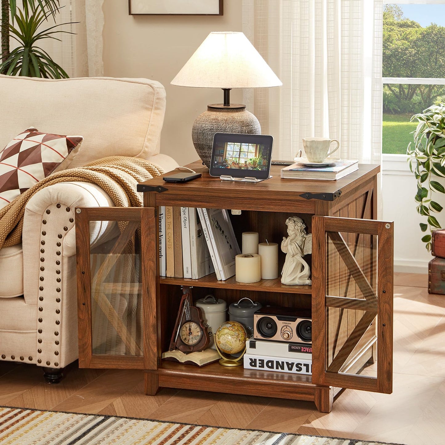 Joaxswe Farmhouse End Table with Charging Station Set 2, 24" Large Sofa Side Table with Glass Barn Door, Nightstand with Adjustable Storage Shelf,Wood Square Bedside Table for Living Room,Bedroom