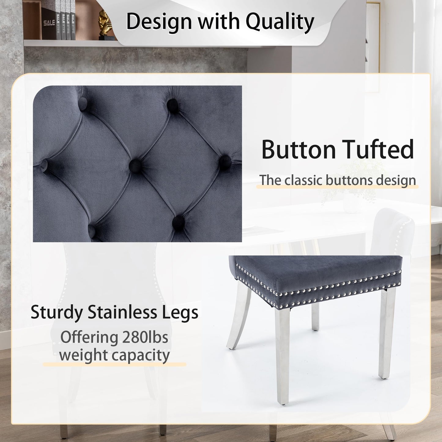 GOOLON Dining Room Chairs Set of 4, Tufted Velvet Chairs with Modern Stainless Steel Legs, Rivet Trim Metal Pull Ring Large Back for Kitchen Dining Room Restaurant, Dark Gray