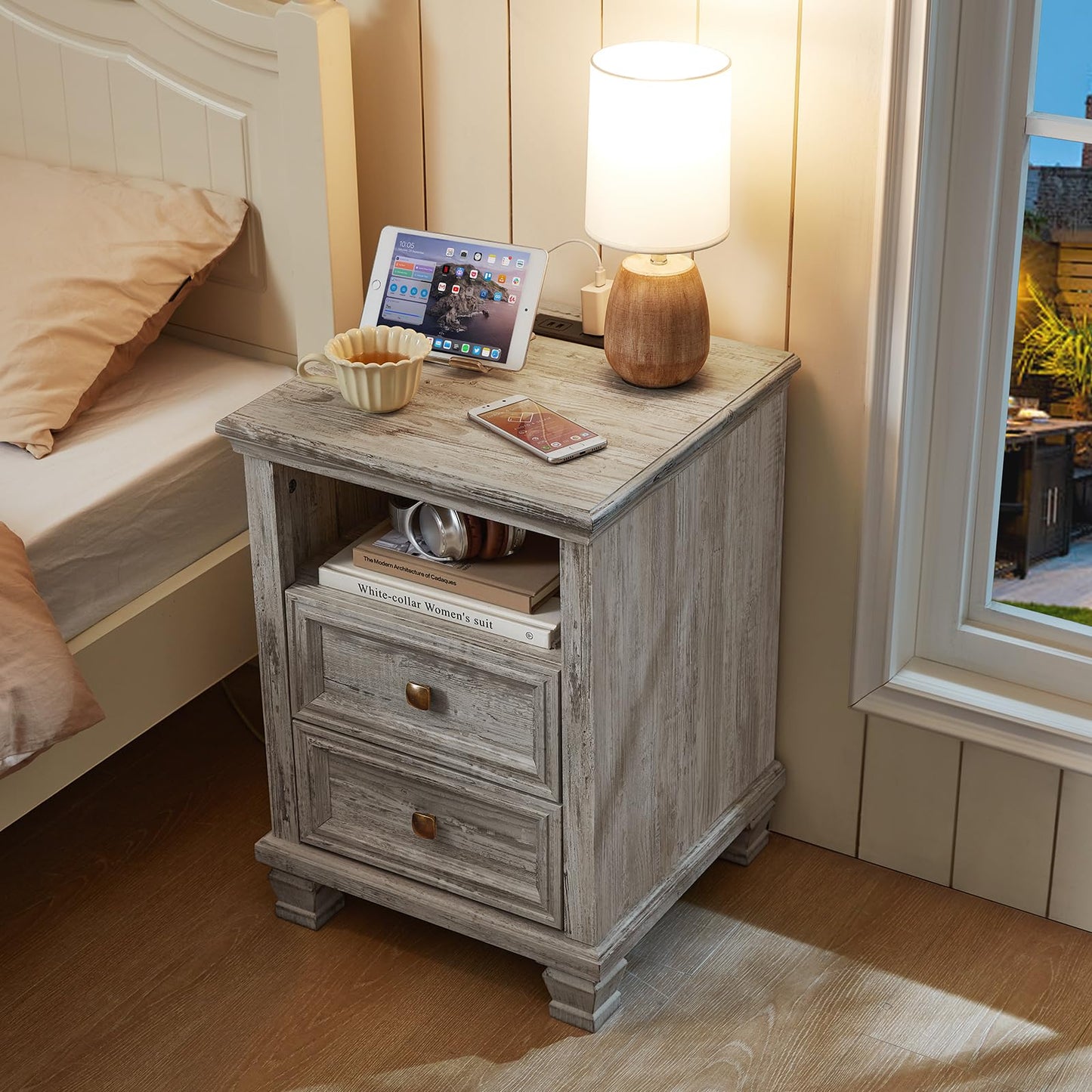 SAVOR LIFE Farmhouse Nightstand Set of 2 with Charging Station, Rustic Grey Nightstand,2 Drawers End Table for Living Room,Bedside Table with Open Shelf for Bed Room,Grey