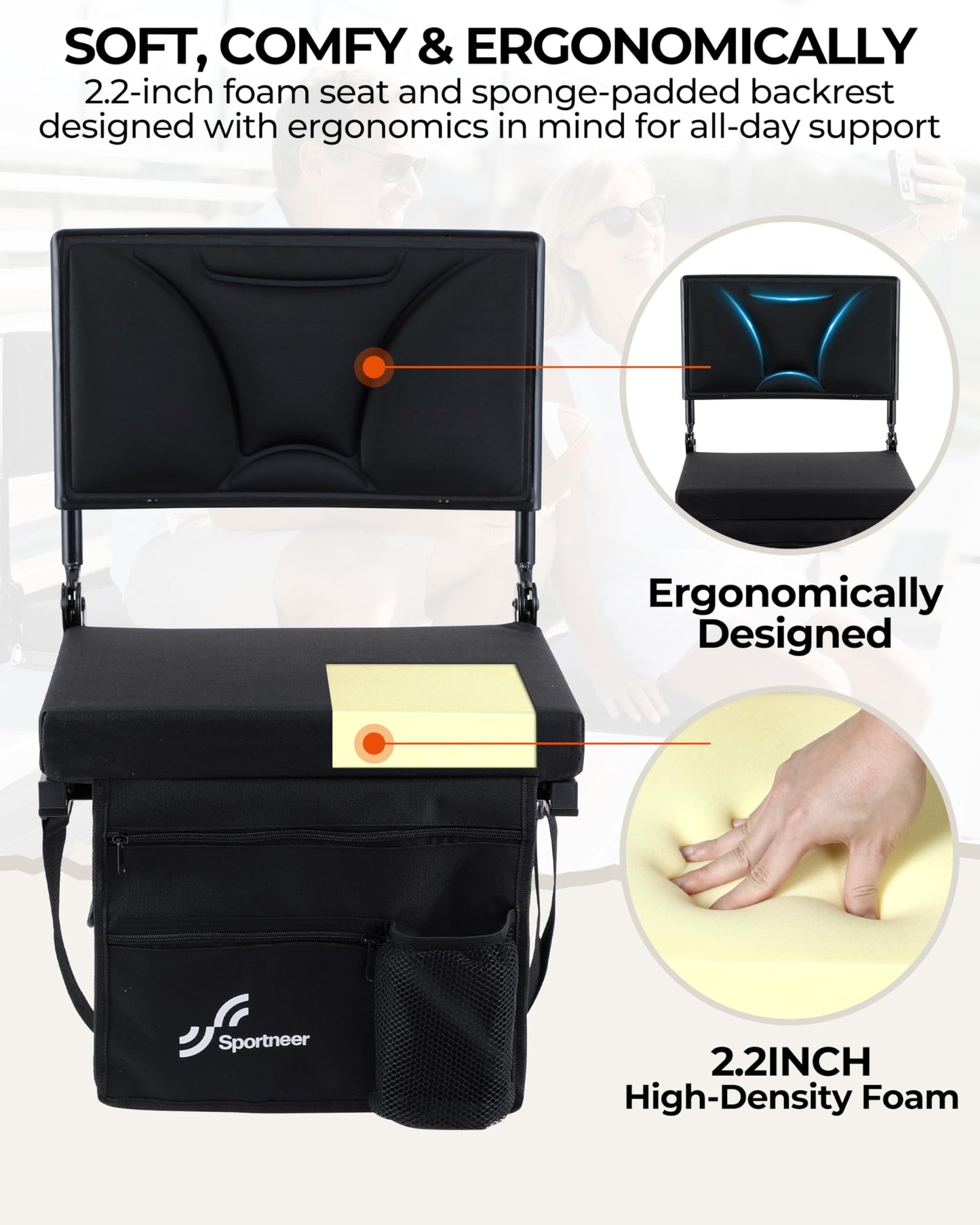 Sportneer Stadium Seats with Back Support: Height Adjustable Thick Padded Stadium Seats with Pocket, Shoulder Strap, Carry Handle, Cup Holder, Folding Stadium Chair for Sports Events Concerts Outdoor