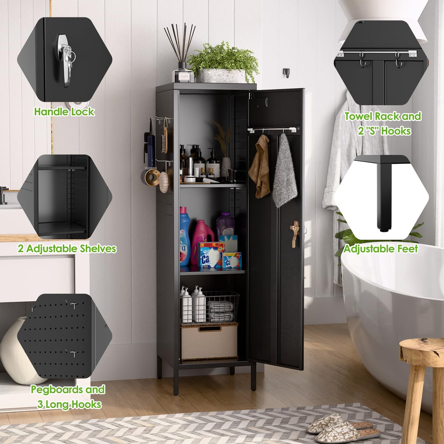 SUPEER Metal Lockers for Employees with Handle,Metal Storage Locker with 2 Pegboard & 5 Hooks for Gym, School, Office,Home,Garage,Black