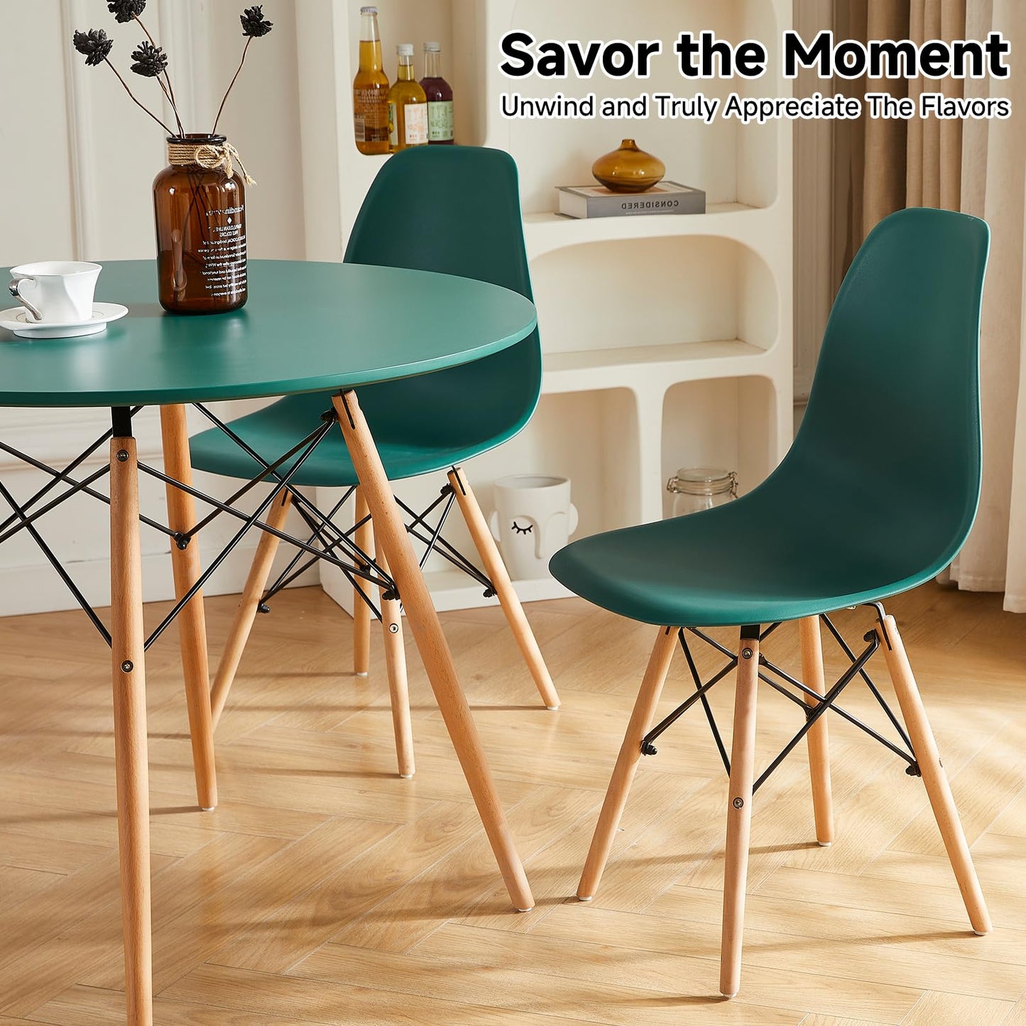 Yuqunfur Round Dining Table Set for 4 35.5" Wood Dinner Table Circle Dining Table Kitchen Table Chairs Set of 4 with Wood Strip Base for Kitchen Living Room Space Saving Apartment(Green)