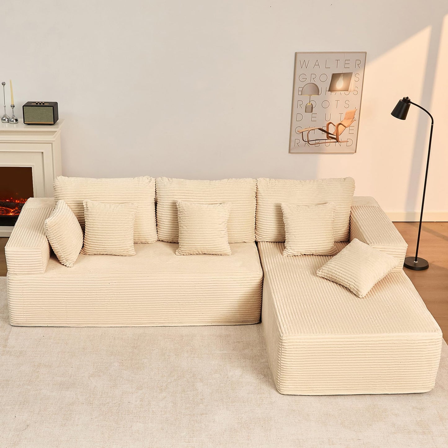 Afuson 107" Boneless Couch with Deep Seat, Modular Sectional Sofa, Cloud Sectional Couch for Living Room, No Assembly Required, Corduroy, L-Shape Right，White