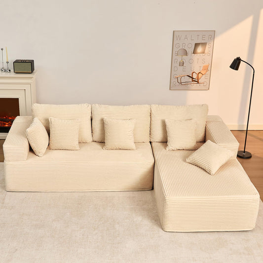 Afuson 107" Boneless Couch with Deep Seat, Modular Sectional Sofa, Cloud Sectional Couch for Living Room, No Assembly Required, Corduroy, L-Shape Right，White