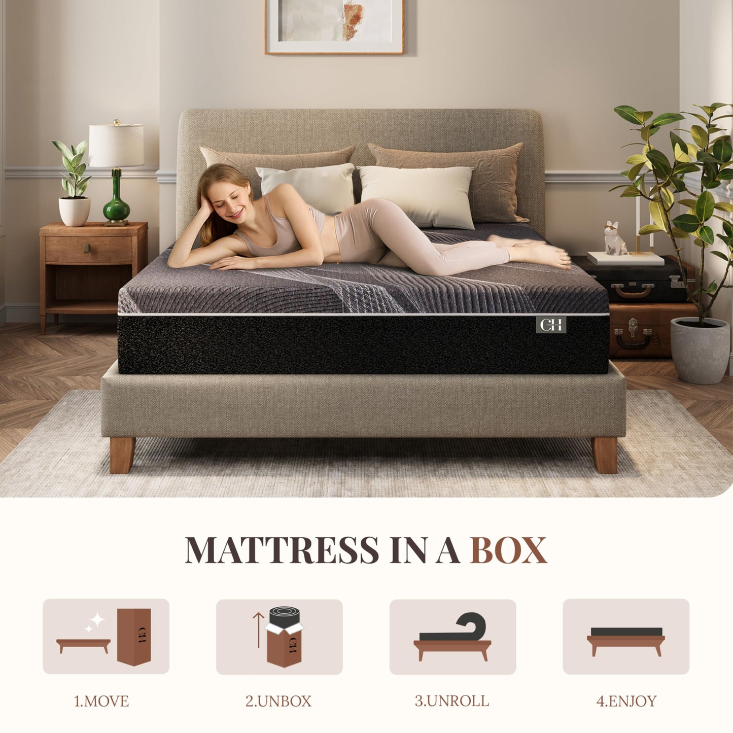CH CHARME HOUSE 12 Inch Queen Mattress, Bamboo-Charcoal Memory Foam Mattress, Cooling & Pressure Relief, Bed in a Box, Foam Made in USA & CertiPUR-US Certified, 60'x80'x12', Black