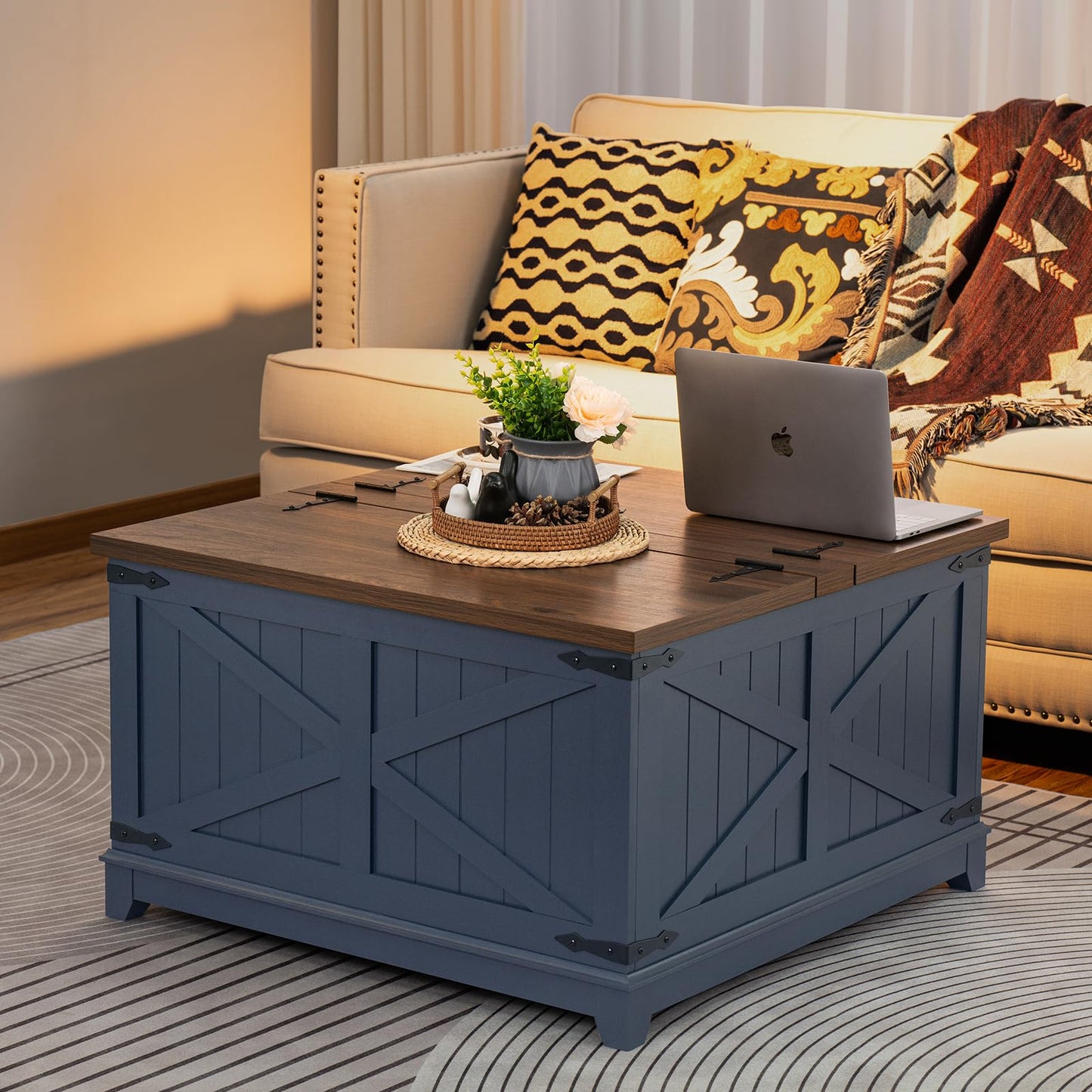 Joaxswe Farmhouse Living Room Sets, Coffee Table with Hidden Storage Organizer and Nightsands with Charging Station, Coffee Table Set of 3 for Living Room,Office, Home