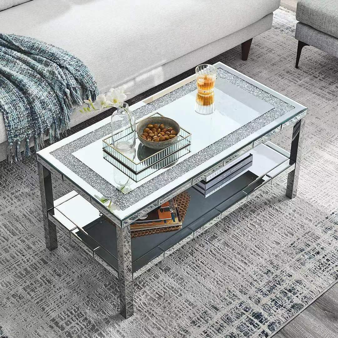 Olodumare Elegant 2 Tiers of Shiny Silver Mirrored Coffee Table, Crystals Inlay,and Stainless Steel Frame,Modern Rectangle Cocktail Table/End Table for Living Room and Kitchen, 39.5 Inches