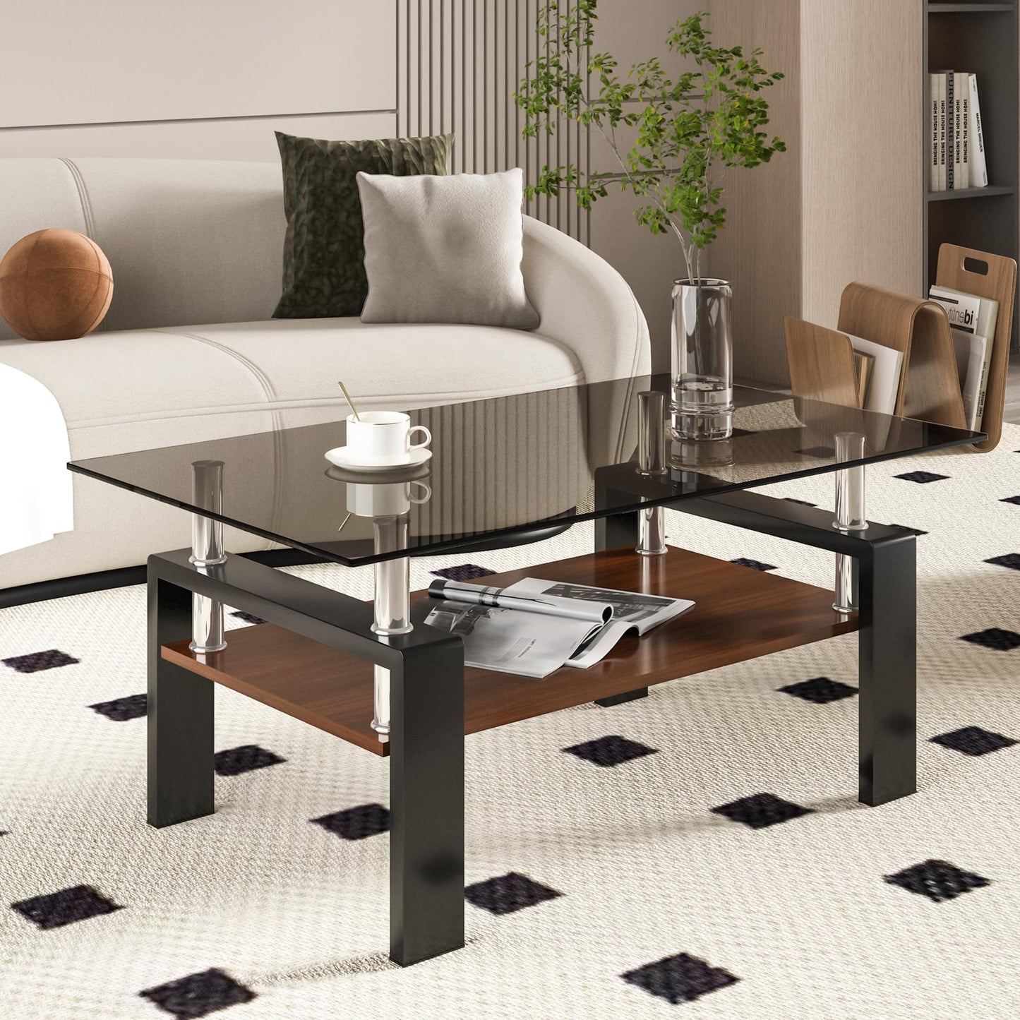 IANIYA Rectangle Tempered Glass Coffee Table, Rectangle Living Room Center Table, Modern Tea Table with Tempered Glass Tabletop and Wood Layer (1, Gray)