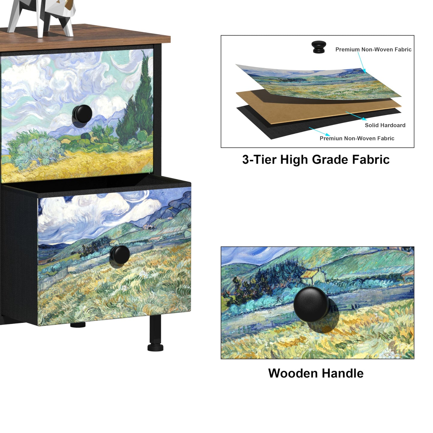 EXOTICA 6 Drawer Dresser for Bedroom Van Gogh Chest of Drawers Wide TV Stands Fabric Storage Drawer Unit for Living Room Entryway Closet Sturdy Steel Frame Wood Top