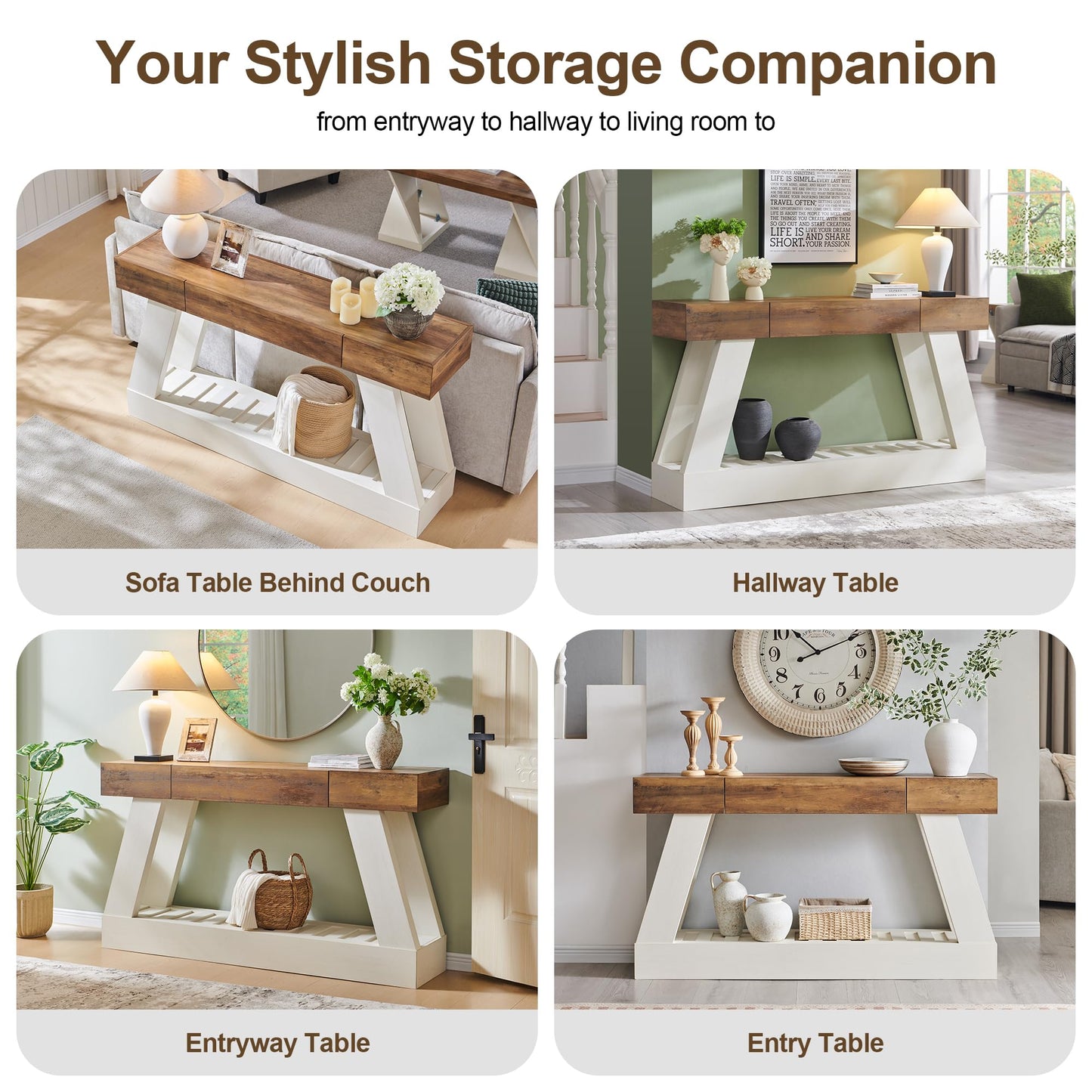 OKD 60" Farmhouse Entryway Table with Drawer, Console Table Behind Sofa, Narrow Long Entryway for Hallway, Living Room, Hallway, Behind Couch(Antique White)