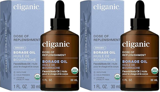 Cliganic Organic Borage Seed Oil for Face, 100% Pure (1oz) - Natural Non-GMO Cold Pressed (Packaging May Vary) (Pack of 2)