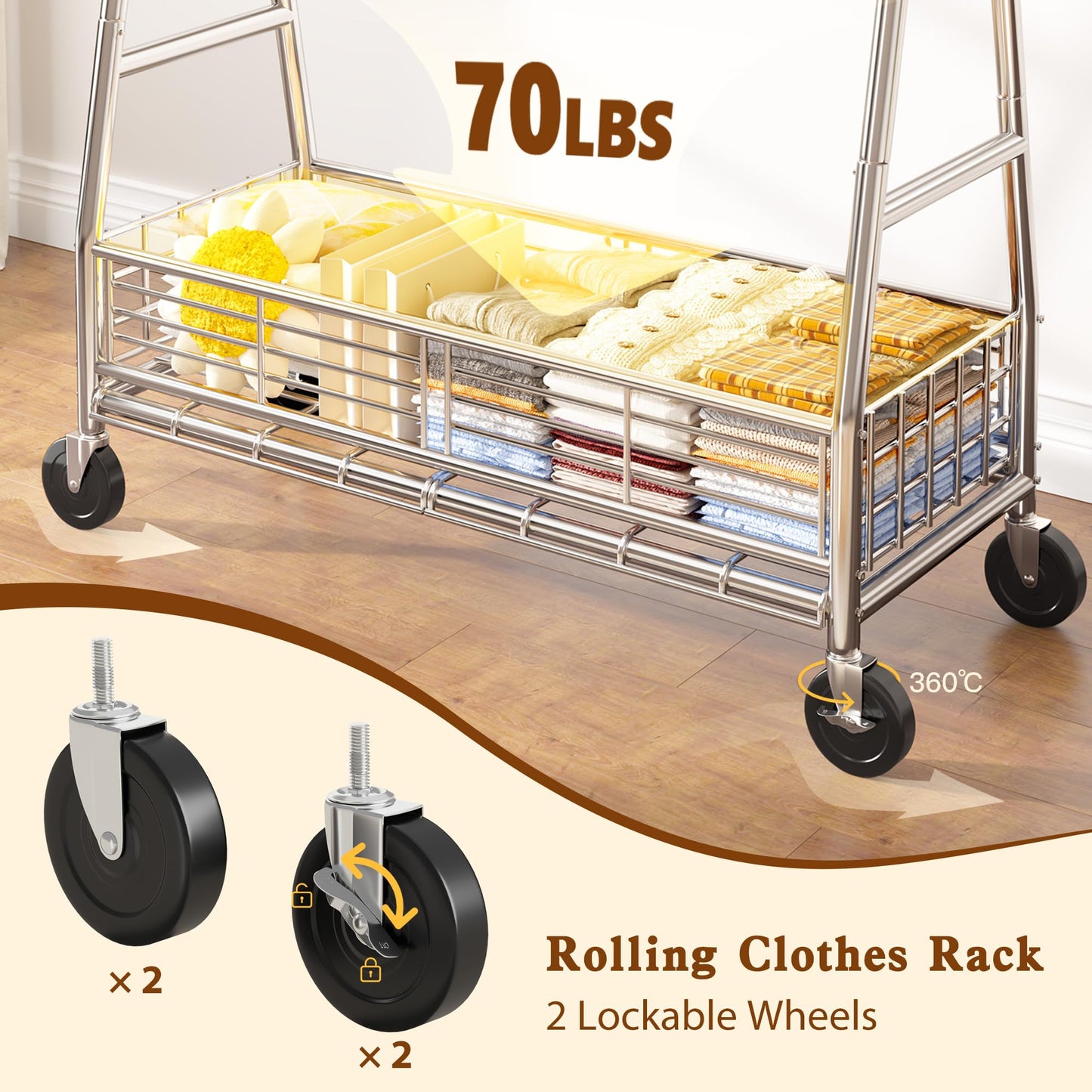 Raybee Heavy Duty Clothes Rack, 350LBS Clothing Rack with Sturdy Wheels and Shelves, Double Rods Clothing Racks for Hanging Clothes Commercial Portable Adjustable Garment Rack, Chrome