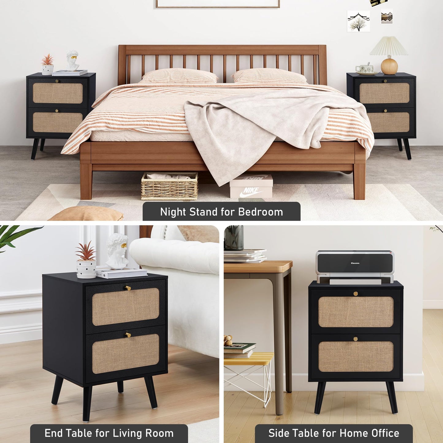 RUSTYER Mid Century Night Stand Set of 2, Modern Nightstand with 2 Drawers & Curved Linen Panel, Farmhouse End Table Wood Bedside Table Small Side Tables for Small Space, Bedroom (Black)