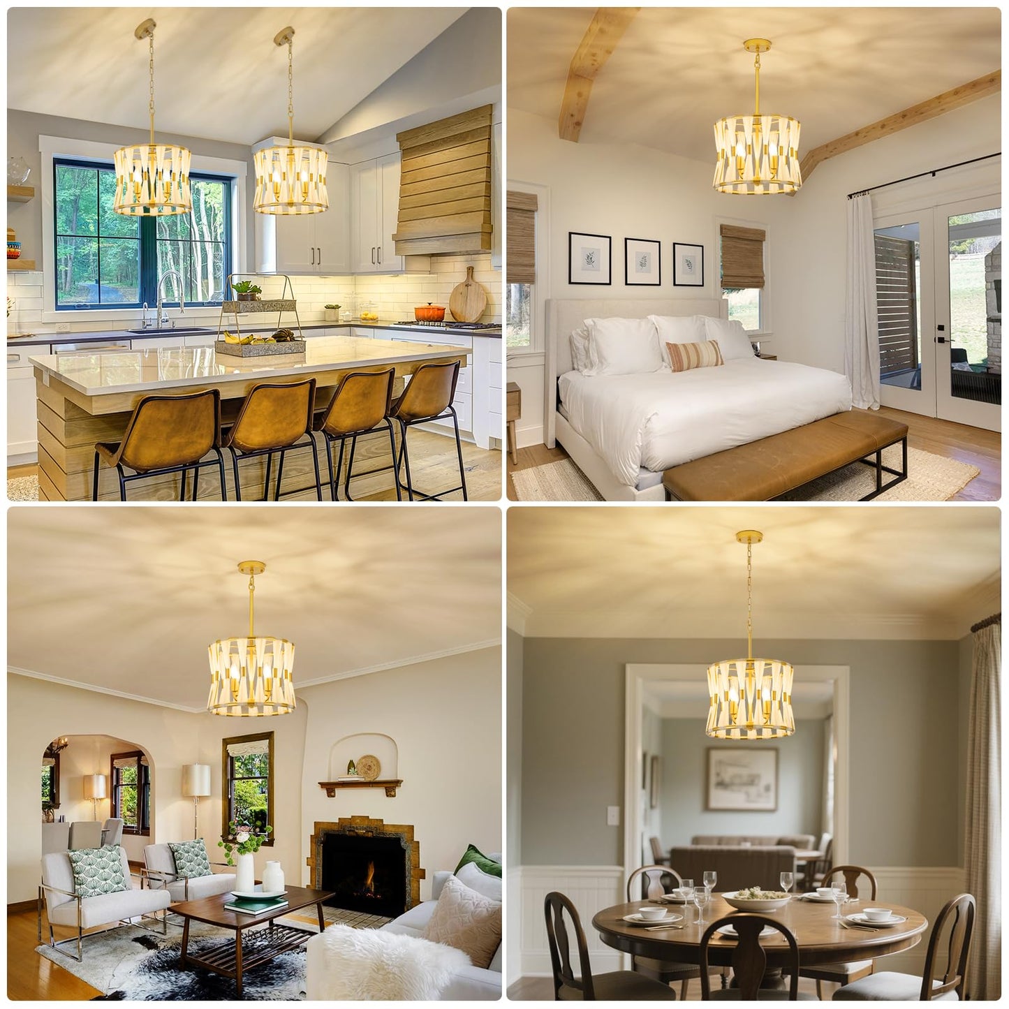 Karjearl Gold Chandeliers for Dining Room, 15" 4-Light Modern Drum Dining Room Light Fixtures Over Table, Farmhouse Gold Pendant Light for Dining Room Kitchen Island Living Room Entryway Foyer