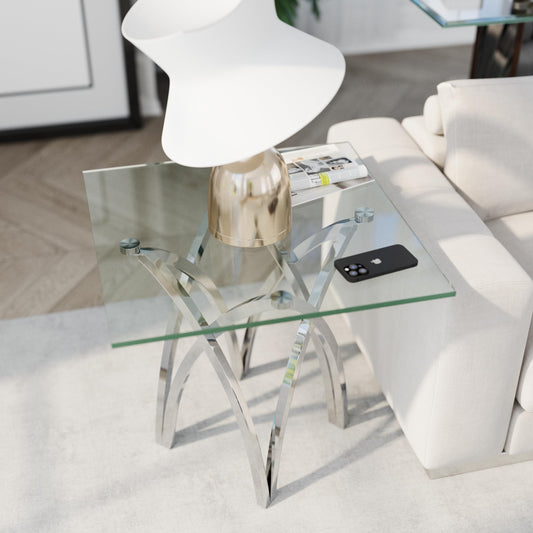 AUZ Glass End Table, 24" Square Side Table with Silver Crown Base for Home, Office