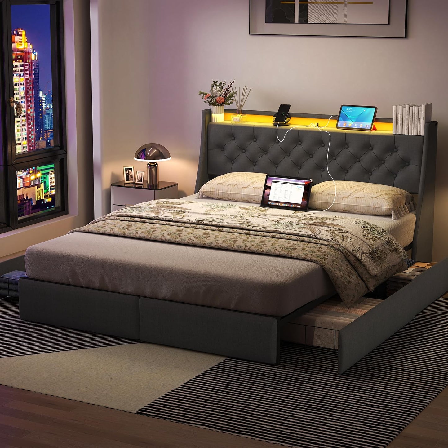 UINTAI Full Size Bed Frame with 4 Storage Drawers and LED Lights, Upholstered Platform Full Bed with Button Tufted Headboard and Charging Station, No Box Spring Needed, Easy Assembly, Gray