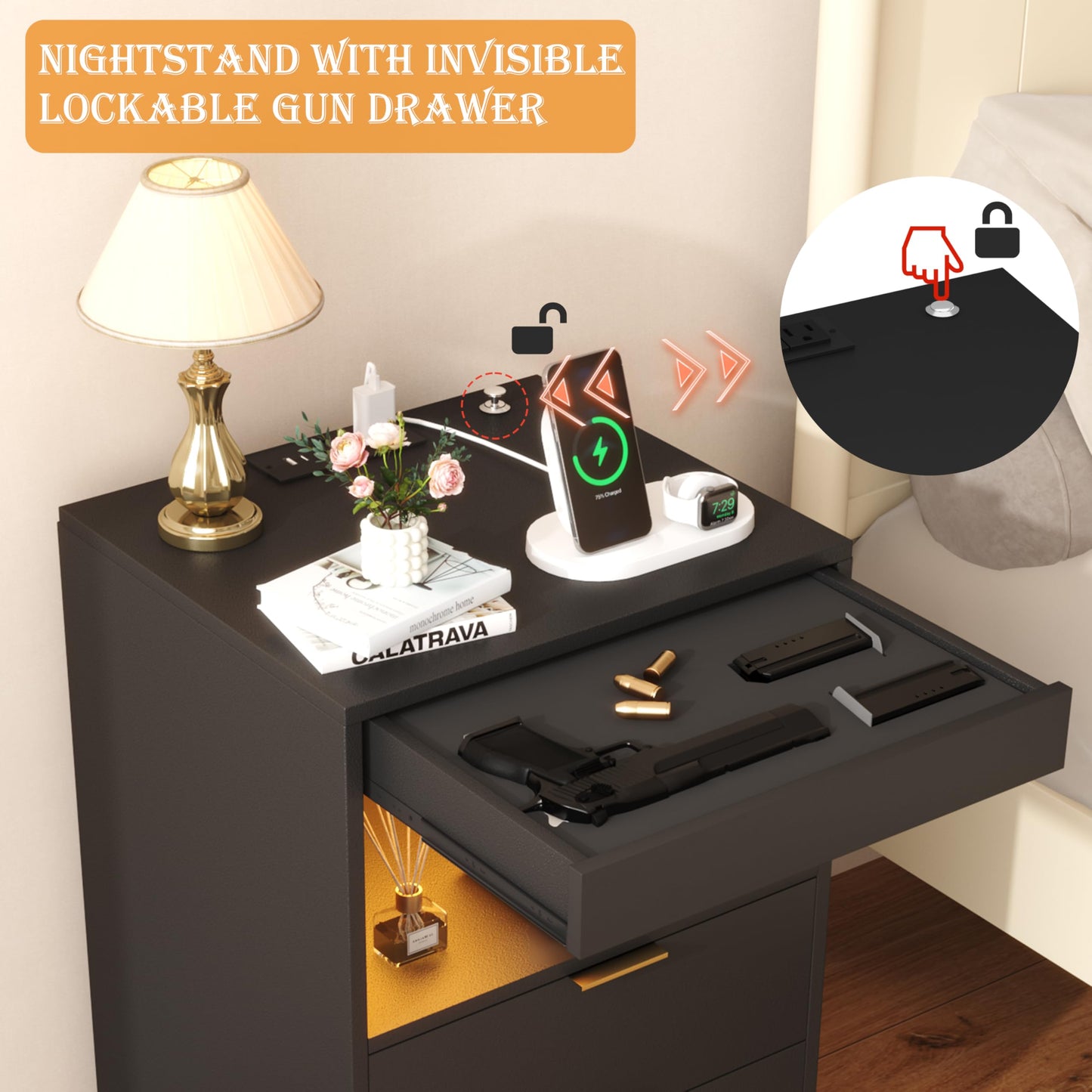 Yusong Night Stand with Gun Drawer & Invisible Lock, Bedside Table, LED Nightstand with Charging Station, Modern Night Stand, Wood Sofa Couch End Side Table with 2 Pull-Out Shelf, Black