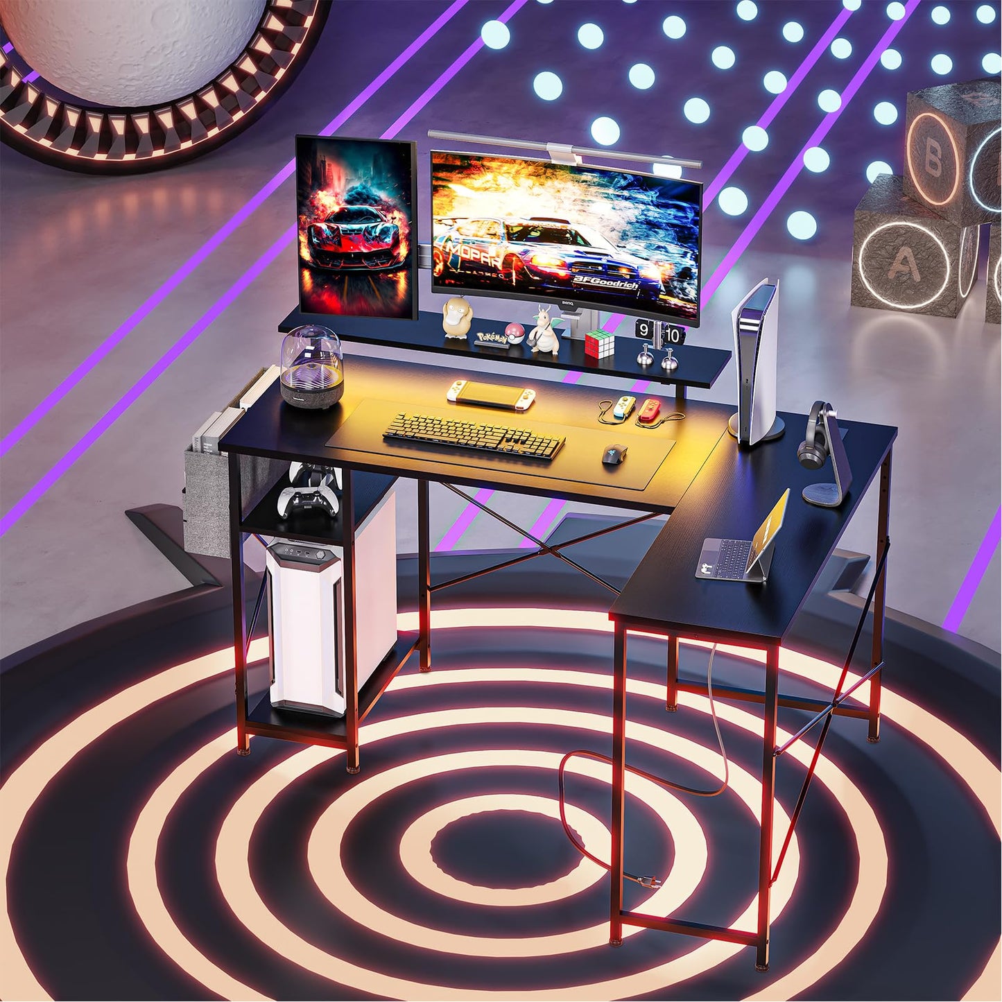 Takywep 54 inch Gaming Desk, Reversible L Shaped Desk, Corner Computer Desk with Monitor Stand, Power Outlets, LED Lights and Storage Shelves for Home Office, Bedroom, Writing Workstation (Black)