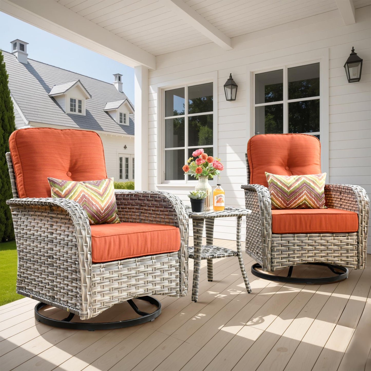 ovios Outdoor Swivel Rocking Chair Set of 3 with Coffee Table, Patio Wicker Rocker with Comfortable Thicken Deep Seating, Comfy Rattan Glider Chairs for Porch Deck Balcony Garden Backyard, Orange