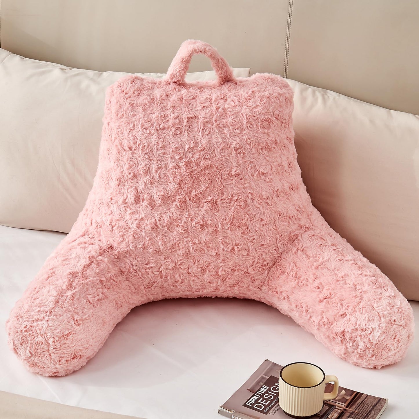 MUFEW Reading Pillow,Rose Velvet Back Pillow with Arms for Bed Sitting Up,Bed Pillow for Adult Children,Backrest Pillows with Washable Cover, Chair Pillow for Watching TV/Gaming/Relaxing (Pink)