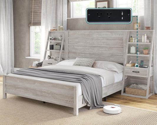AMERLIFE Queen Bed Frame with Bookcase Headboard & 4-Tier Bedside Shelf, Farmhouse Platform Bed with Charging Station and 2 Drawers, Noise-Free,