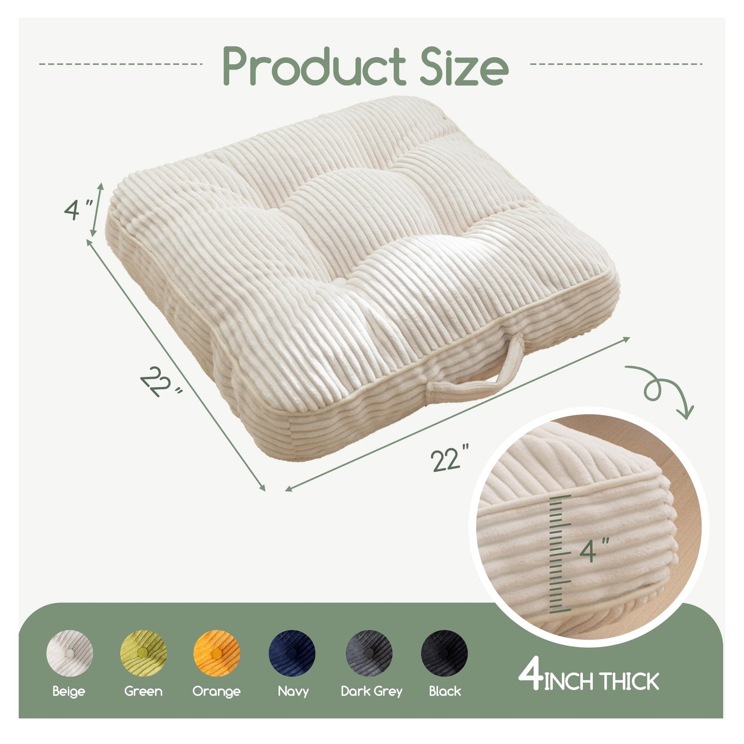 HIGOGOGO Washable Floor Pillow Cushion for Adults, Meditation Cushion Pillow, Large Square Floor Sitting, Removable Tufted Corduroy Cover, for Tatami Living Room or Yoga, 22x22 Inch, Machine Washable
