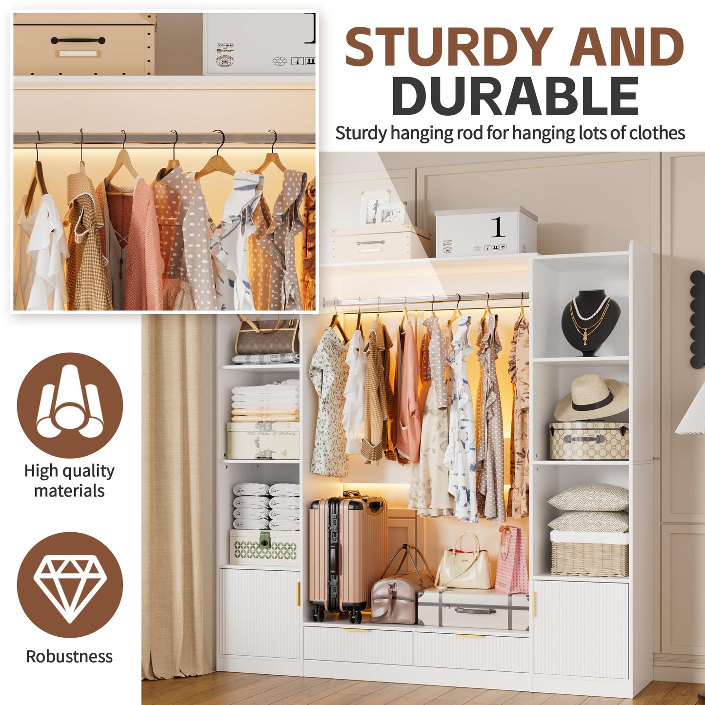 PAKASEPT Freestanding Closet System, 64.9" Stand-Alone Wardrobe with 6 Display Storage Cabinet & Hanging Rods & 2 Wood Drawers, Cloth Garment Rack with Multi Color Light, Walk-in Closet, White