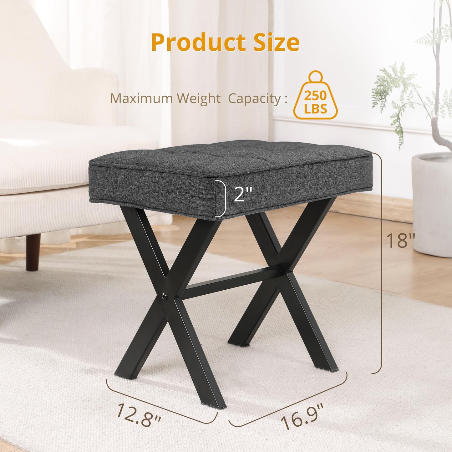 LUE BONA Vanity Stool, Square Linen Makeup Stool with Metal X Legs, Small Ottoman Stool Chair for Vanity, Modern Padded Vanity Seat Foot Rest Stool for Makeup Room, Living Room, Bathroom, Carbon Gray
