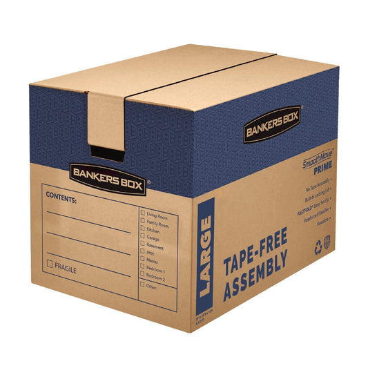 Bankers Box Large Prime Moving Box 6 Pack, Reinforced Handles, Tape-Free Assembly, Attached Lid, 18-in x 18-in x 24-in (0062904)