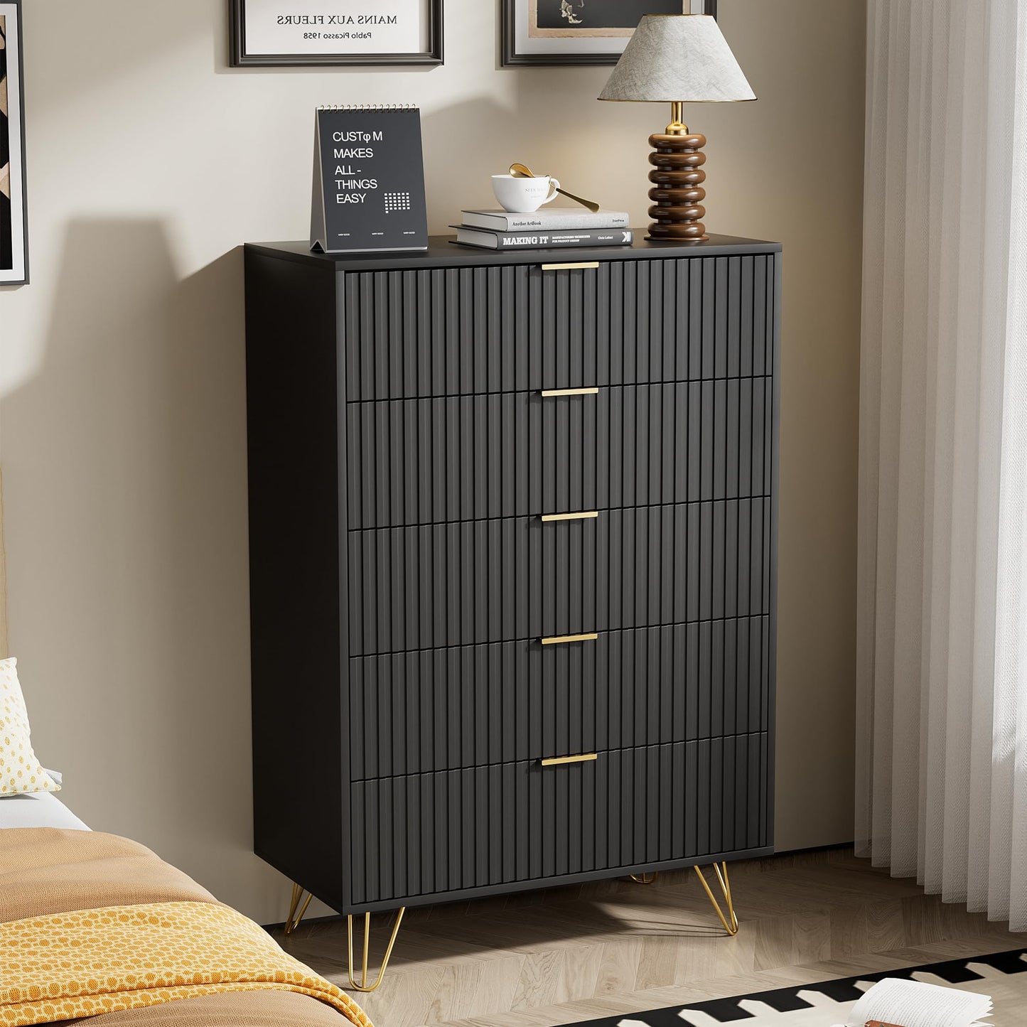 Furniway Black Dresser for Bedroom, Fluted Modern Dresser with Gold Pulls and 5 Drawers, 15.7" D x 31.5" W x 47.2" H