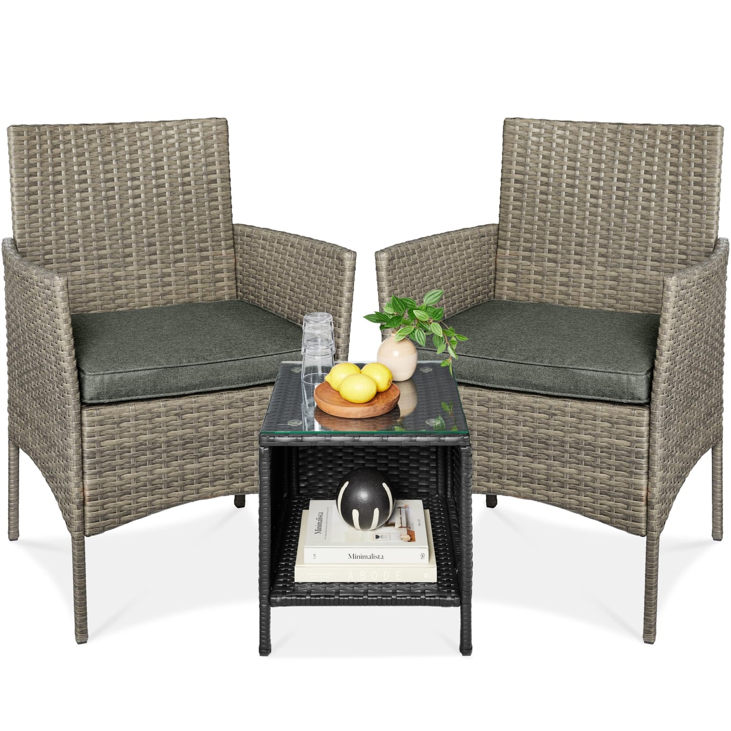 Best Choice Products 3-Piece Outdoor Wicker Conversation Bistro Set, Space Saving Patio Furniture for Garden w/Side Table - Taupe/Slate Green