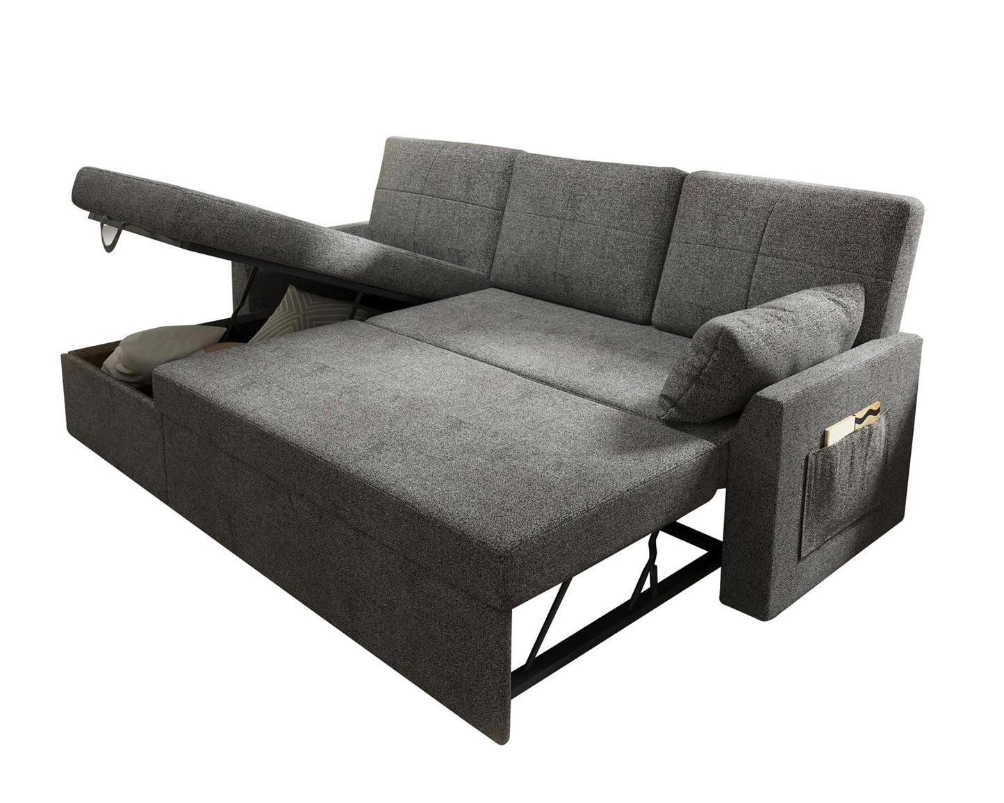 VanAcc Sleeper Sofa, Sofa Bed- 2 in 1 Pull Out Couch Bed with Storage Chaise, Sleeper Couch for Living Room, Grey Linen