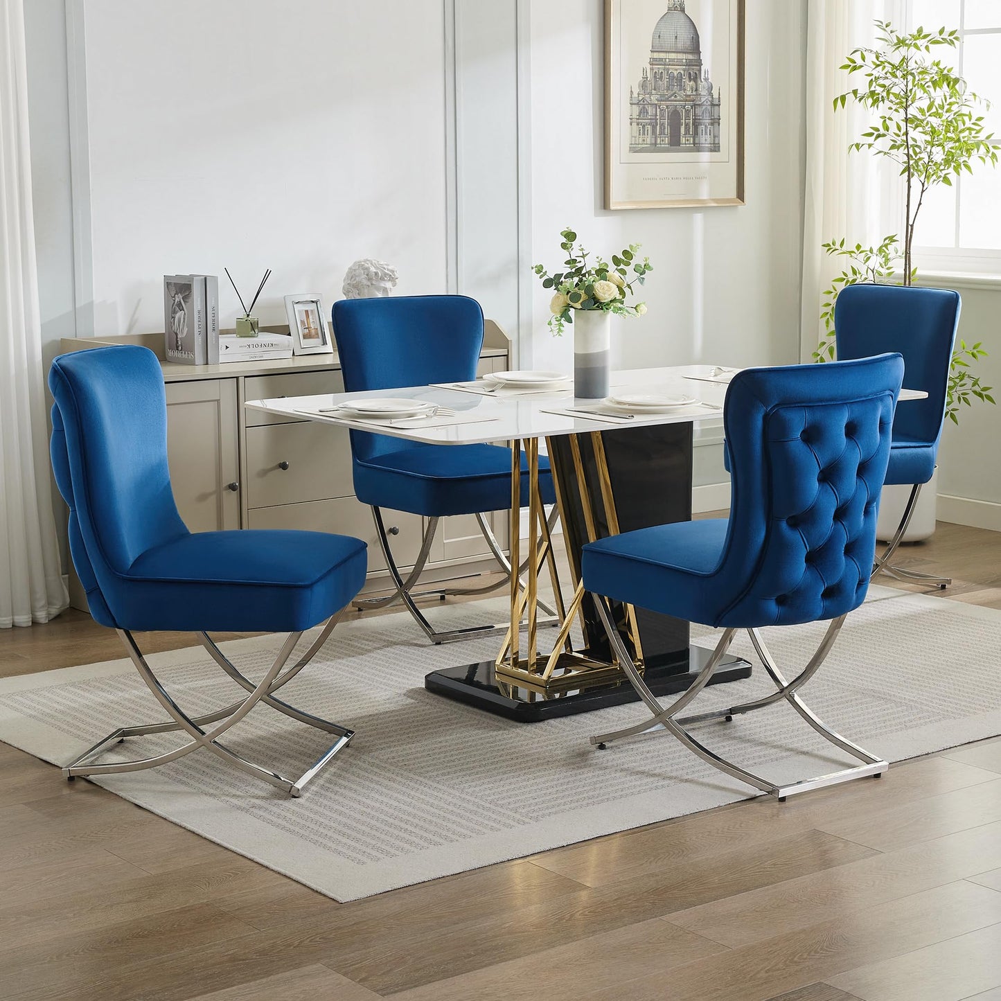 Luxury Velvet Dining Chairs, Tufted Upholstered Armless Accent Chairs with Silver Metal X-Legs, Modern Glam Dining Room Chair Set of 2, Navy