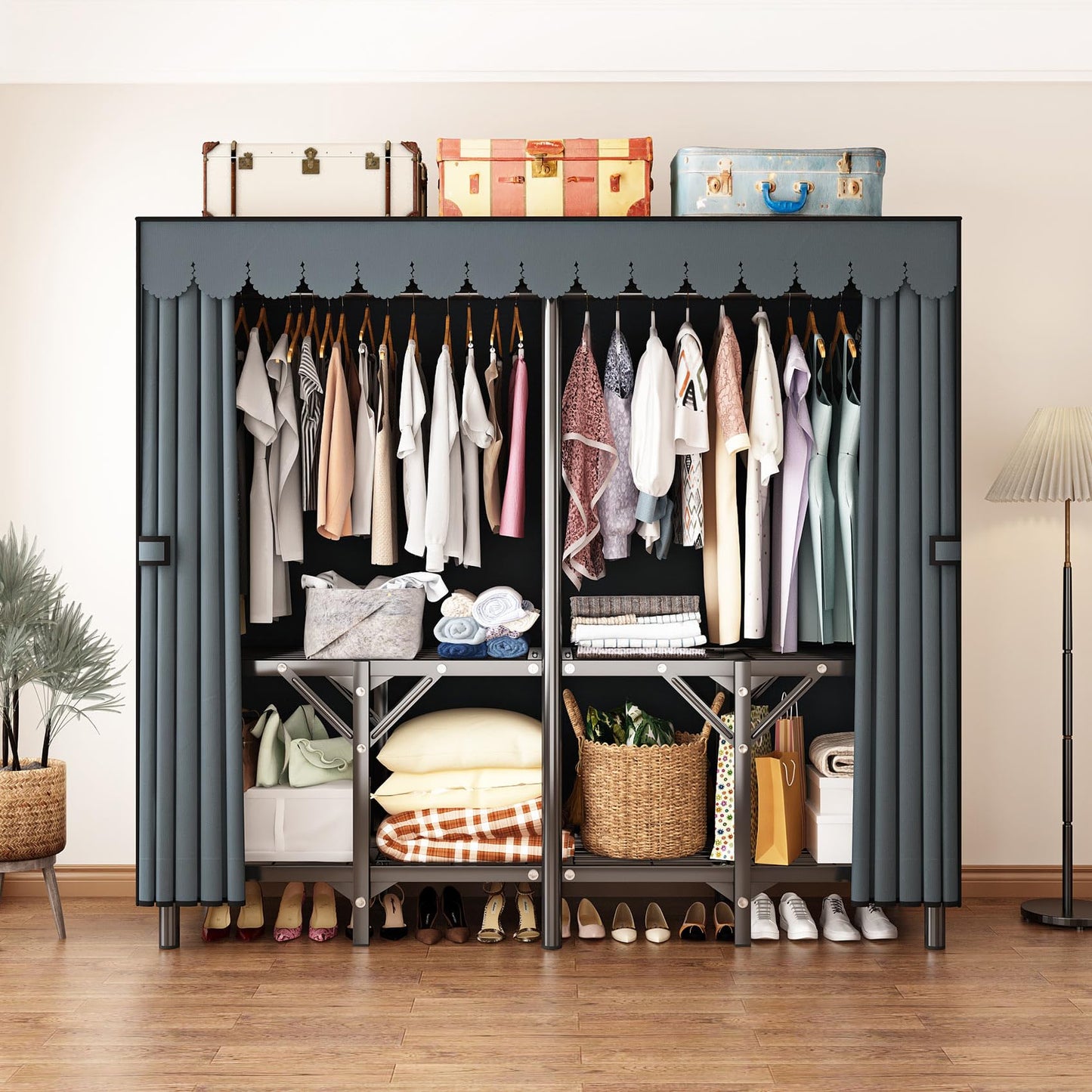 LEAIJIAFY Gray Large Portable Armoire Wardrobe Closet with Foldable Clothing Wardrobe 25MM Steel Pipe Metal Frame Clothes Rack,One Piece Folding Design