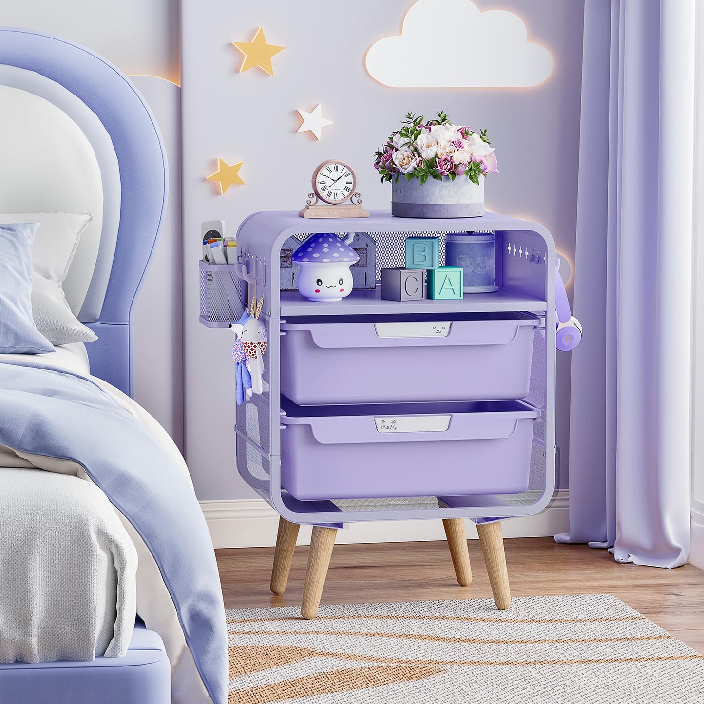SYKIARIOL Kids Nightstand,Kids Bedside Table,Night Side Table,Kids Night Stand,End Tables Bedroom,Purple Cute Nightstand with Storage Drawer for Girls