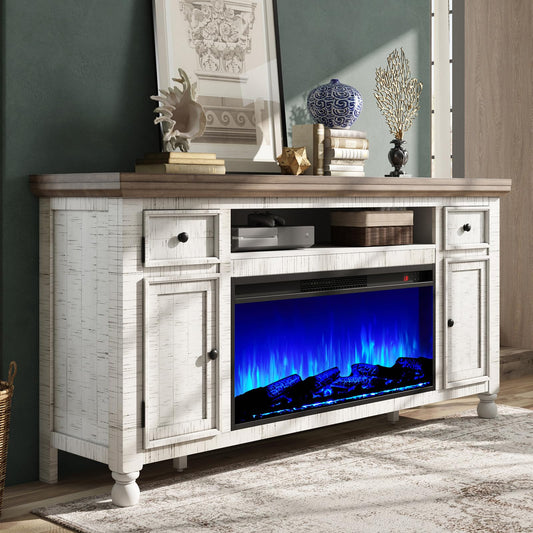 AMERLIFE 70”Fireplace TV Stand for TVs up to 75”, Farmhouse Entertainment Center with 36”Electric Fireplace Insert, Solid Wood Media Console with Storage, Distressed White
