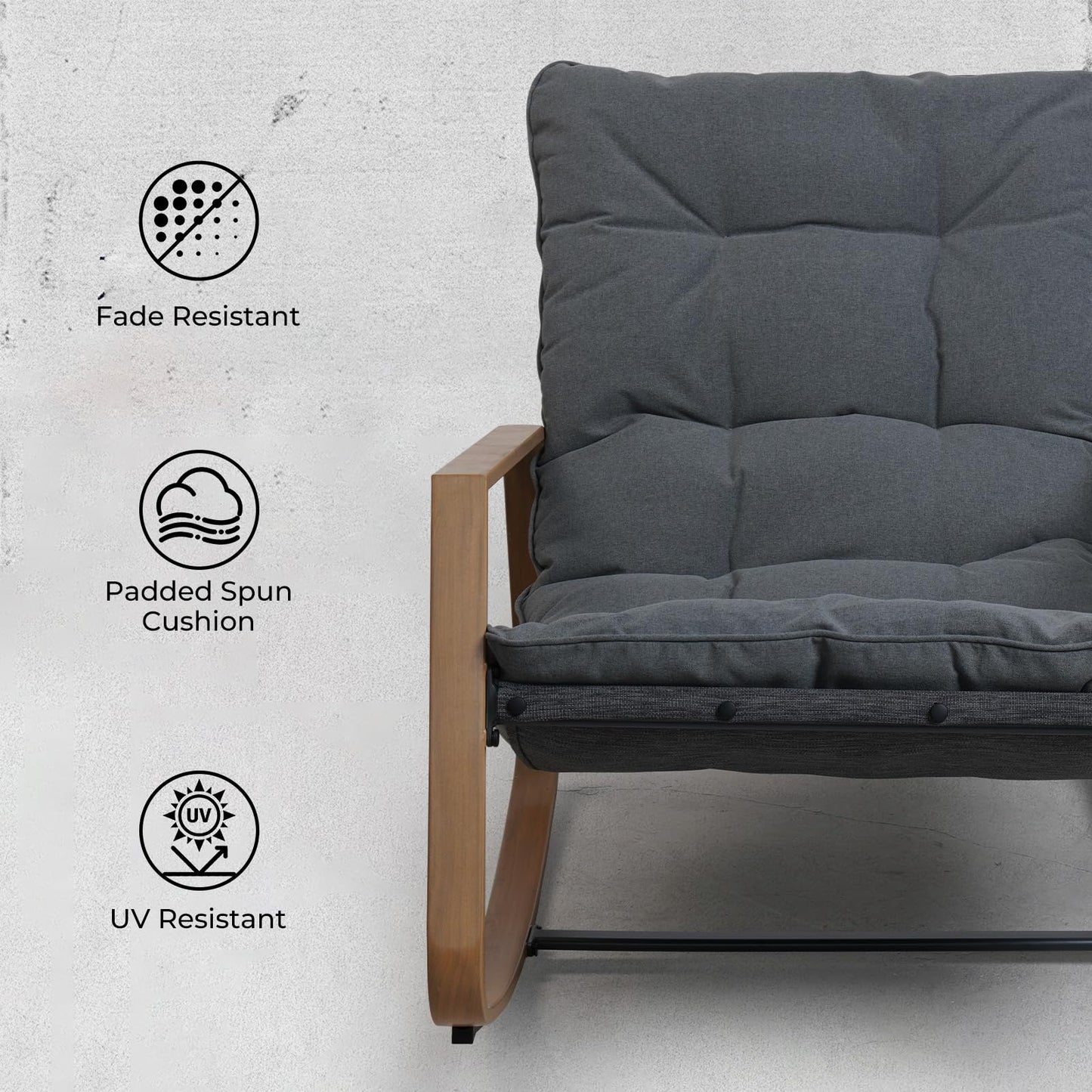Grand patio Outdoor Rocking Chair, Modern Patio Rocking Chair, 30° Smooth Gliding Motion,Comfortable Padded Seat-Easy Assembly, Living Room, Balcony, Porch, Patio, Garden, Lawn -Dark Grey