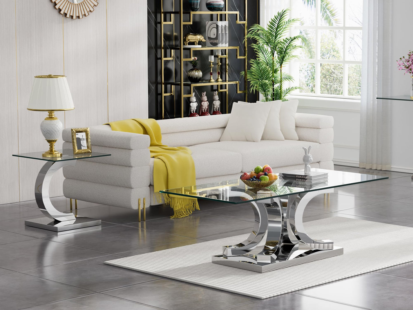 KUVADAZ 2 Pieces Living Room Table Set, Glass Coffee Table Set of 2, Modern Coffee Table and End Table with C-Shaped Stainless Steel Base for Living Room (Silver)