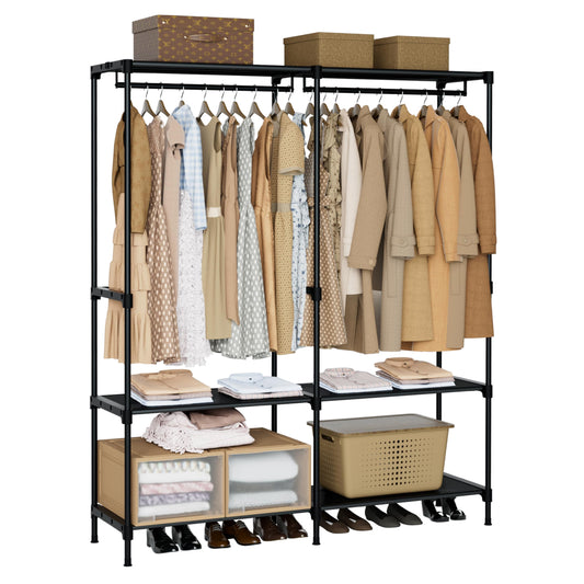 CASAMAYA Clothes Rack, Portable Closet, 54.3 Inch Large Capacity Wardrobe Closet, Clothes Storage Organizer with Shelves and 2 Hanging Rods, Easy to Assembly, Black PCT002B01