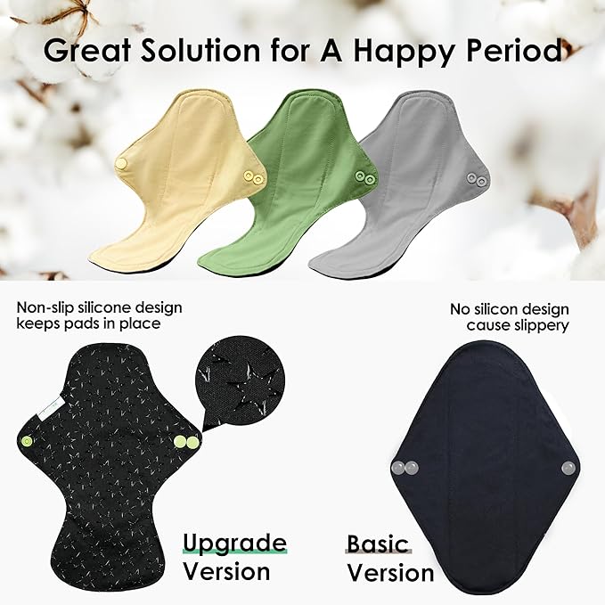 wegreeco 6 Pc Reusable Menstrual Pads, Ultra Absorbent Cloth Pads for Period, Sanitary for Teens, Women, Nonslip Panty Liners + Bag (Mustard Yellow, Grey, Beige, XL)