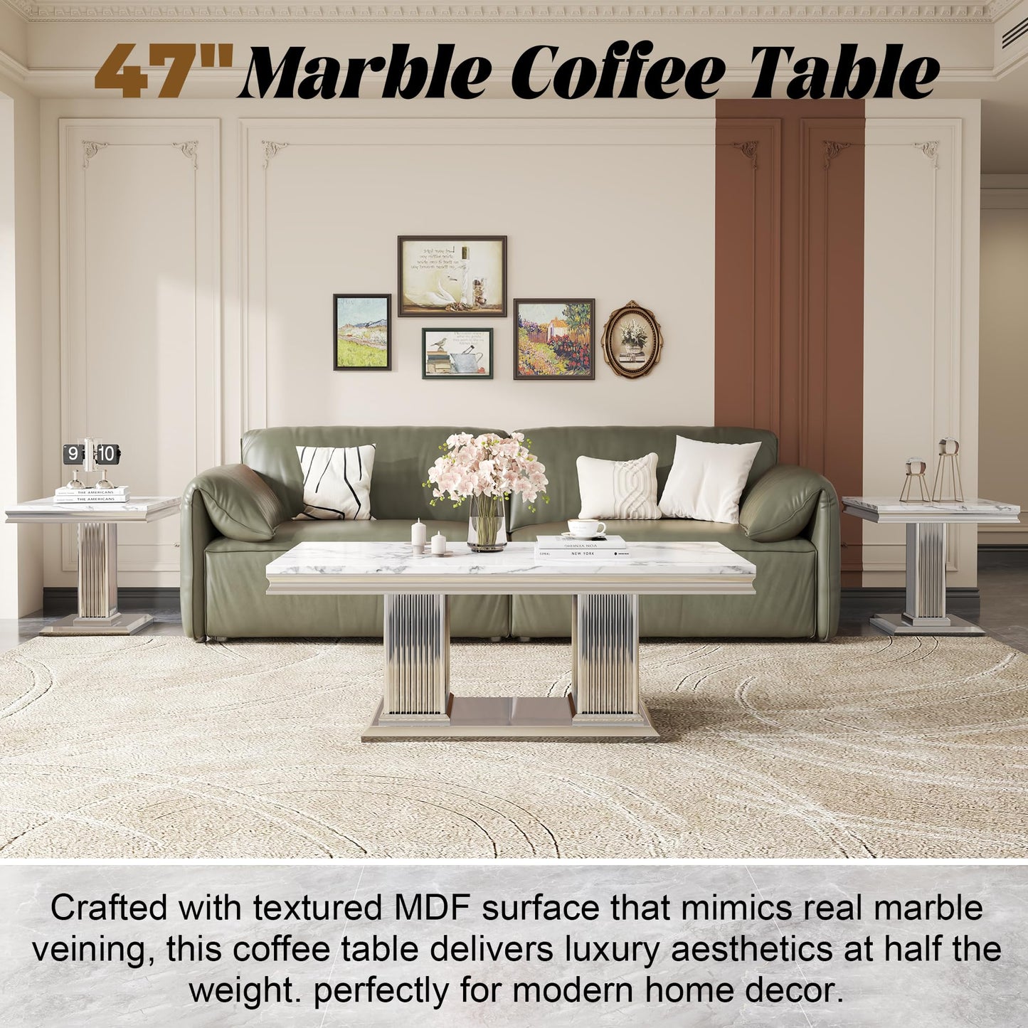 ModaWhly Modern 47" Marble Coffee Table, Large Living Room Center Table with Faux Marble top & Columnar Stainless Steel Base, Elegant White & Silver Design for Bedroom, or Reception Area