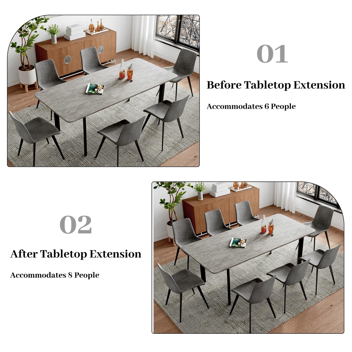 HIPIHOM 63"- 78.7" Extendable Dining Table, Thickened Expandable MDF Wooden Kitchen Table with Metal Legs, Scratch-Resistant, Easy to Clean