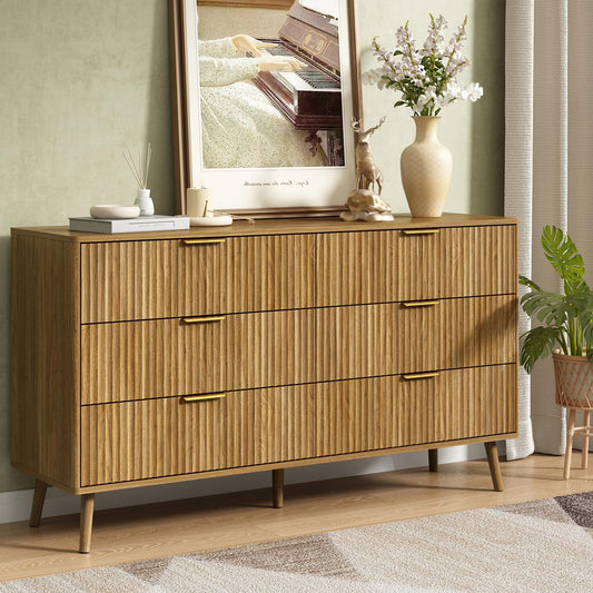 CARPETNAL Fluted 6 Double Drawers Dresser for Bedroom, 55”Wide Modern Chest of Drawers with Deep Drawers,Curved Profile Design, Wood Drawer Organizer for Bedroom Living Room, Hallway, Natural Oak